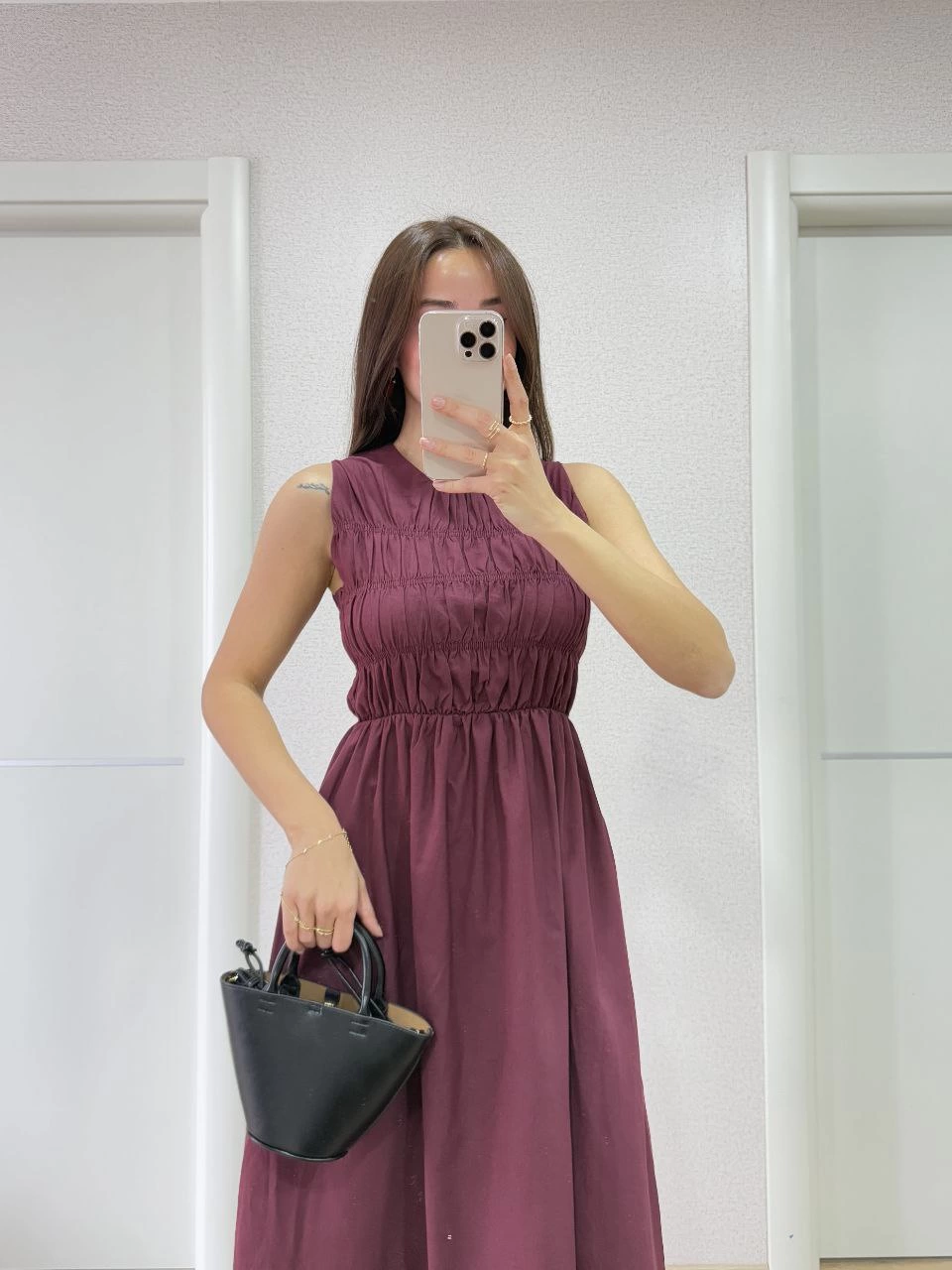Kolsuz Göğüs Lastıklı %100 Poplin Uzun Elbise - Bordo -