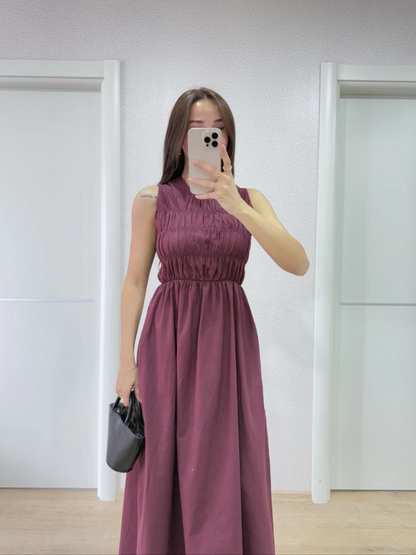 Kolsuz Göğüs Lastıklı %100 Poplin Uzun Elbise - Bordo -