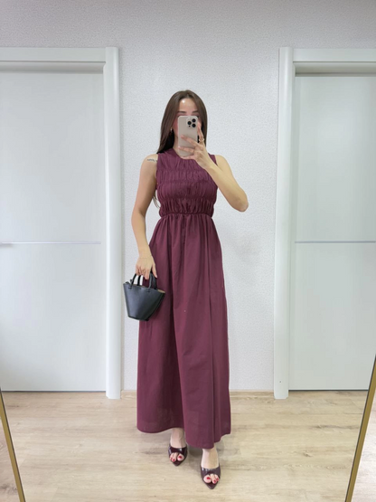Kolsuz Göğüs Lastıklı %100 Poplin Uzun Elbise - Bordo -