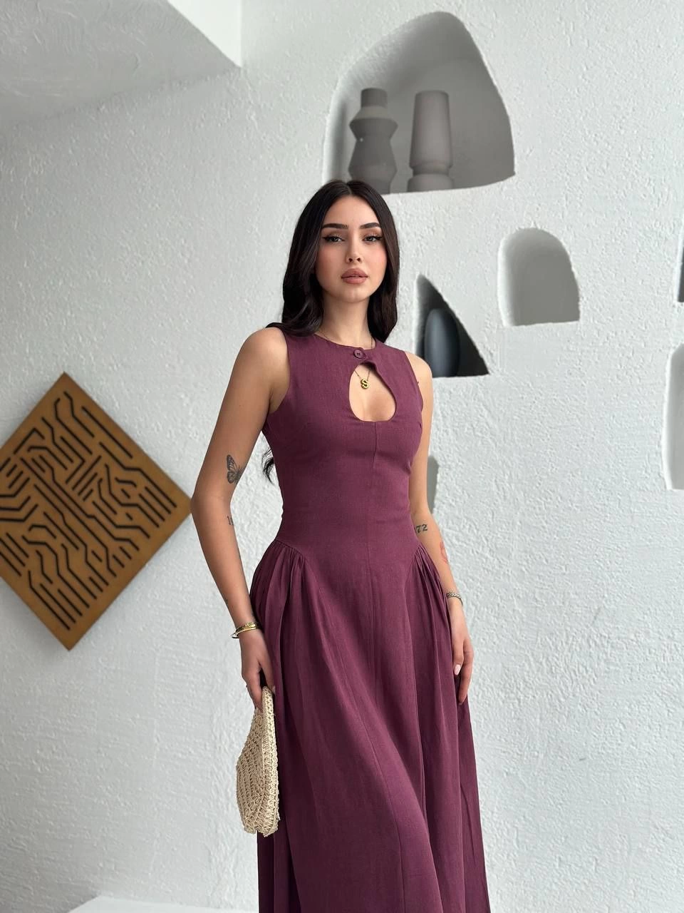 Kolsuz Uzun Kabardin Elbise - Bordo -