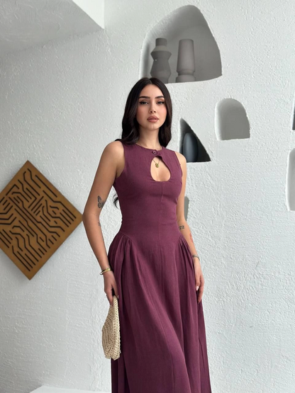 Kolsuz Uzun Kabardin Elbise - Bordo -