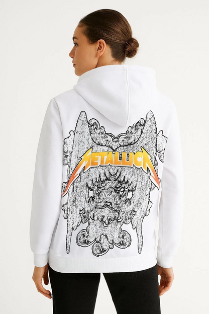 Metallica İki İplik Kapüşonlu Ön ve Arka Baskılı hoodie - Beyaz -