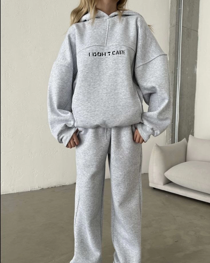 Nakış İşlemeli Üç İplik Sweat Takım- Gri -