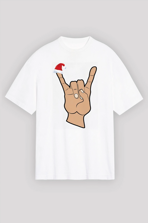Noel Başlıklı Serçe Parmak T-shirt - Beyaz -