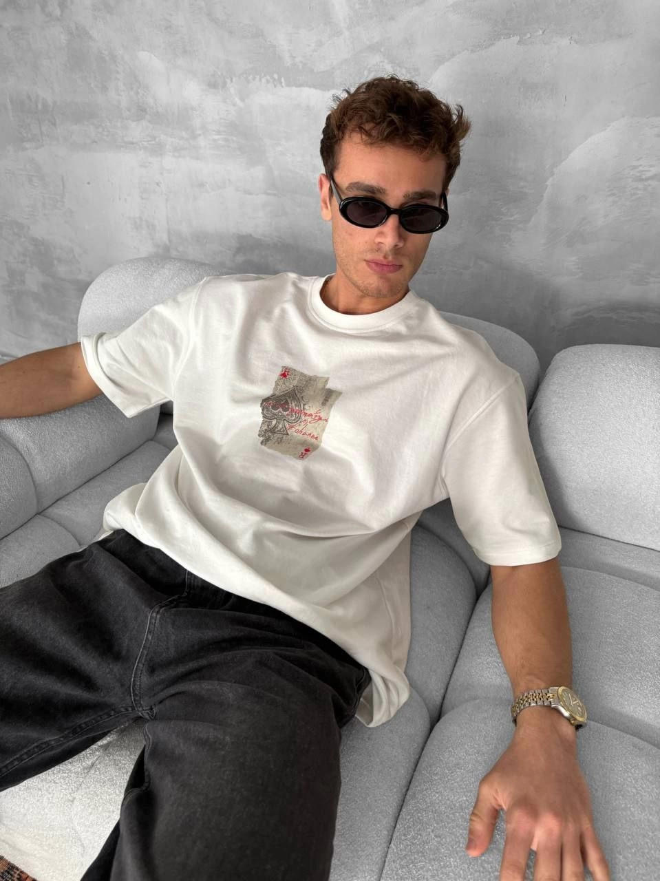 Ön ve Arka Baskılı Oversize Bisiklet Yaka T-shirt - Beyaz -