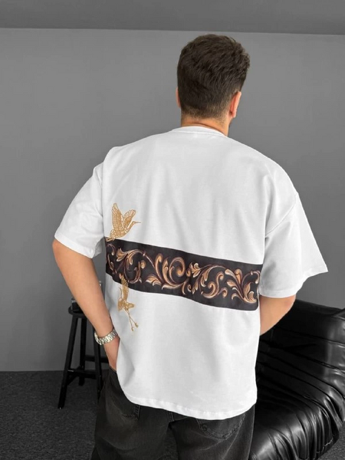 Ön ve Arka Baskılı Oversize Bisiklet Yaka T-shirt - Beyaz -