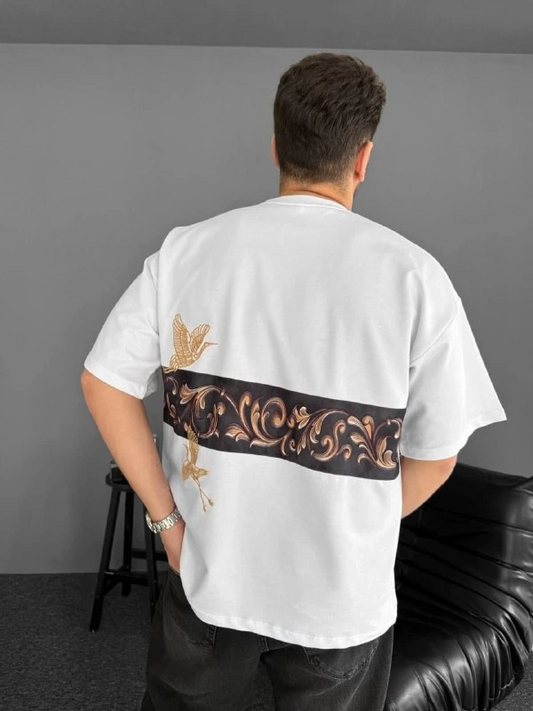 Ön ve Arka Baskılı Oversize Bisiklet Yaka T-shirt - Beyaz -