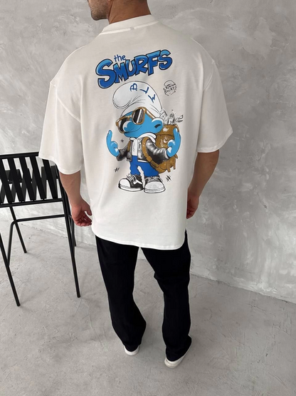 Ön ve Arka Baskılı Oversize Bisiklet Yaka T-shirt- Beyaz -
