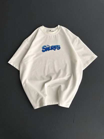 Ön ve Arka Baskılı Oversize Bisiklet Yaka T-shirt- Beyaz -