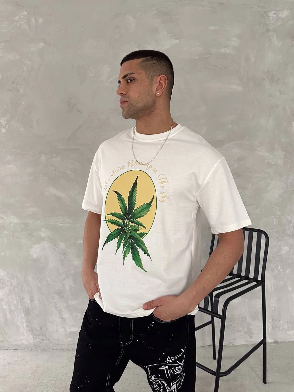Ön ve Arka Baskılı Oversize Bisiklet Yaka T-shirt- Beyaz -