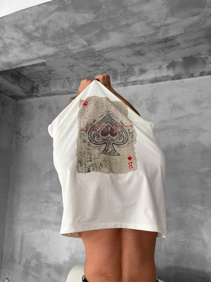 Ön ve Arka Baskılı Oversize Bisiklet Yaka T-shirt - Beyaz -