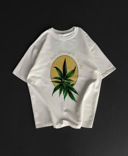 Ön ve Arka Baskılı Oversize Bisiklet Yaka T-shirt- Beyaz -
