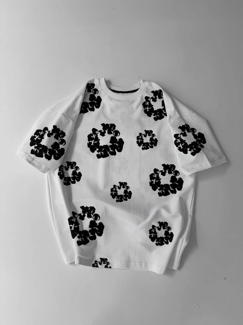 Ön ve Arka Baskılı Oversize Bisiklet Yaka T-shirt- Beyaz -