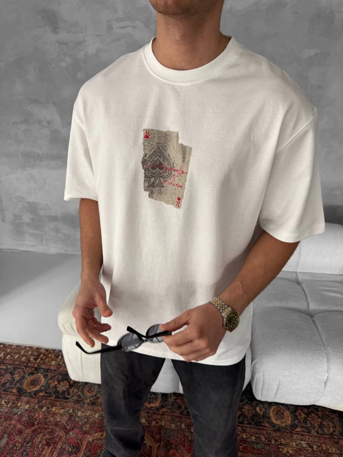 Ön ve Arka Baskılı Oversize Bisiklet Yaka T-shirt - Beyaz -