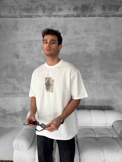 Ön ve Arka Baskılı Oversize Bisiklet Yaka T-shirt - Beyaz -