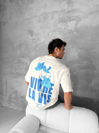 Ön ve Arka Baskılı Oversize Bisiklet Yaka T-shirt- Beyaz -