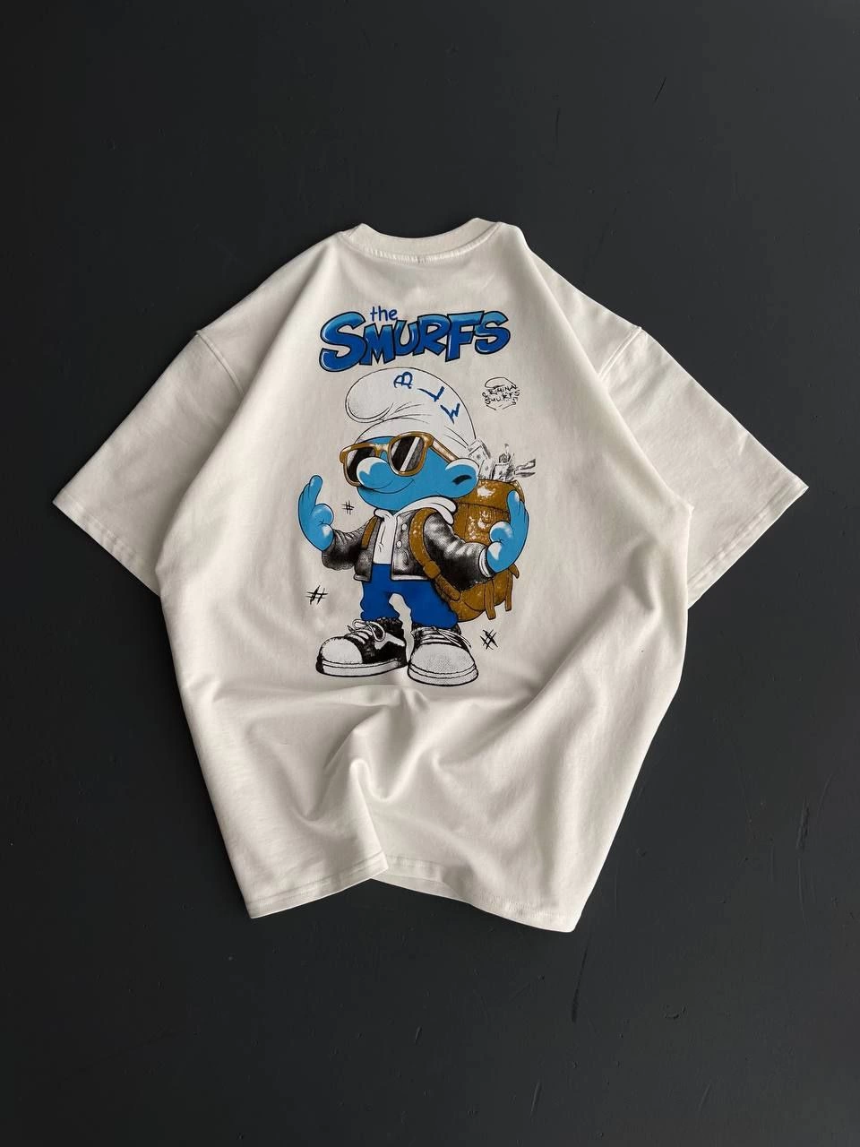 Ön ve Arka Baskılı Oversize Bisiklet Yaka T-shirt- Beyaz -