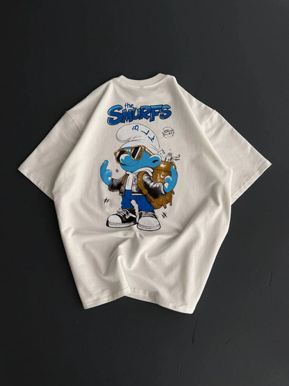 Ön ve Arka Baskılı Oversize Bisiklet Yaka T-shirt- Beyaz -