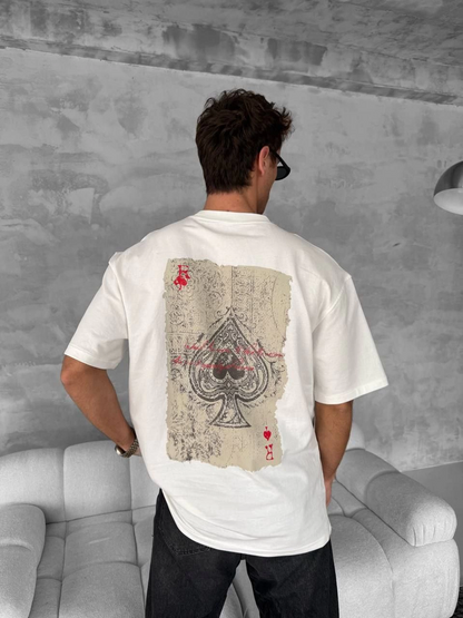 Ön ve Arka Baskılı Oversize Bisiklet Yaka T-shirt - Beyaz -