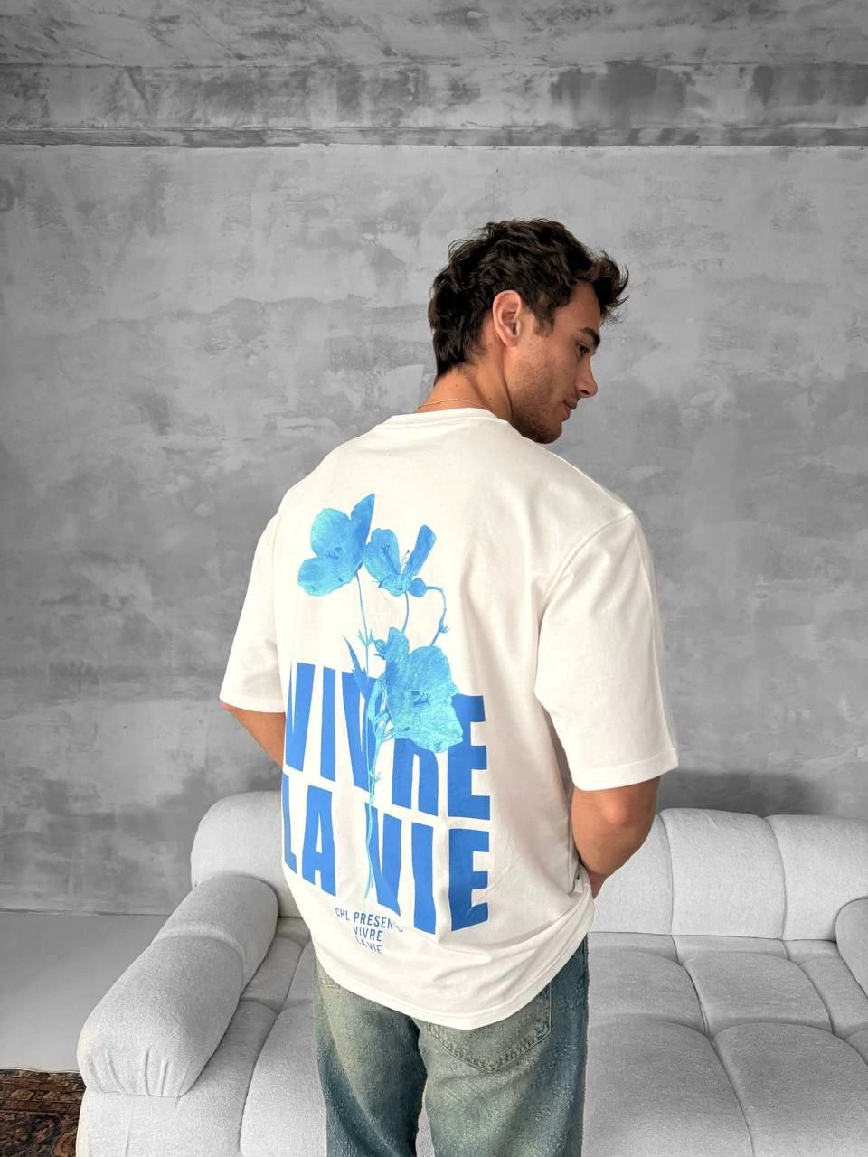Ön ve Arka Baskılı Oversize Bisiklet Yaka T-shirt- Beyaz -