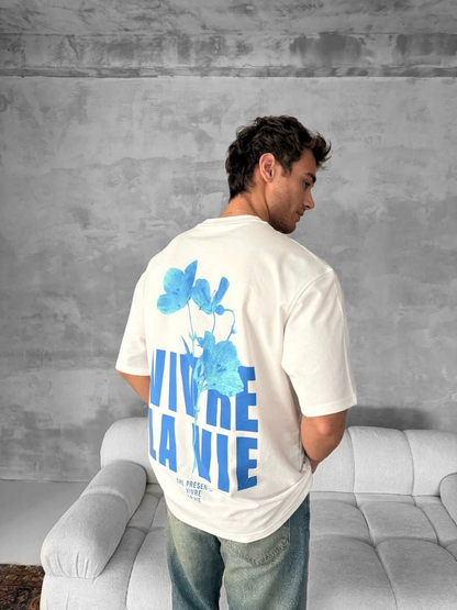 Ön ve Arka Baskılı Oversize Bisiklet Yaka T-shirt- Beyaz -