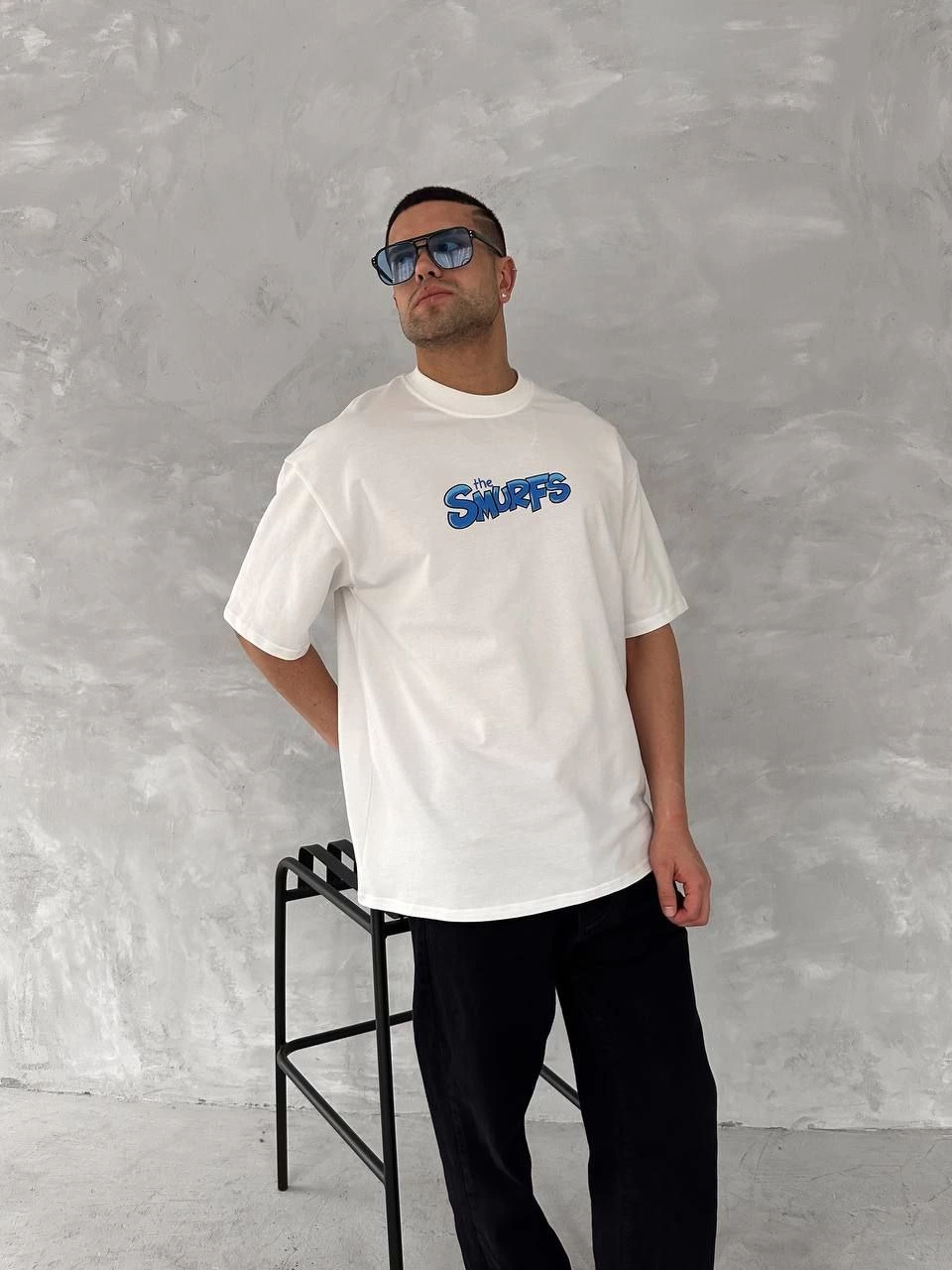 Ön ve Arka Baskılı Oversize Bisiklet Yaka T-shirt- Beyaz -