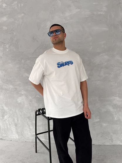 Ön ve Arka Baskılı Oversize Bisiklet Yaka T-shirt- Beyaz -