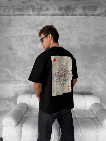 Ön ve Arka Baskılı Oversize Bisiklet Yaka T-shirt - Siyah -