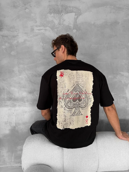 Ön ve Arka Baskılı Oversize Bisiklet Yaka T-shirt - Siyah -