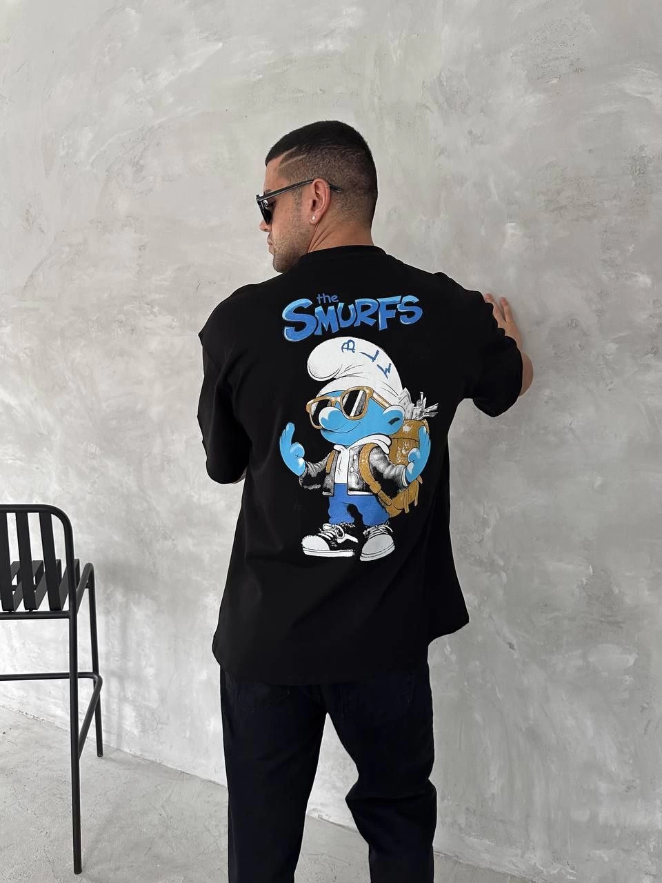 Ön ve Arka Baskılı Oversize Bisiklet Yaka T-shirt- Siyah -