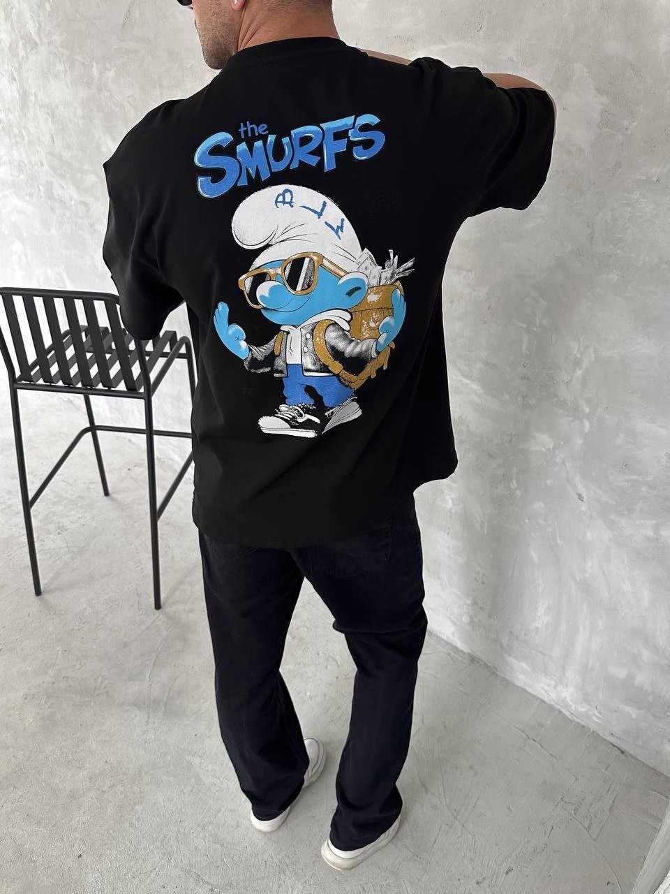 Ön ve Arka Baskılı Oversize Bisiklet Yaka T-shirt- Siyah -