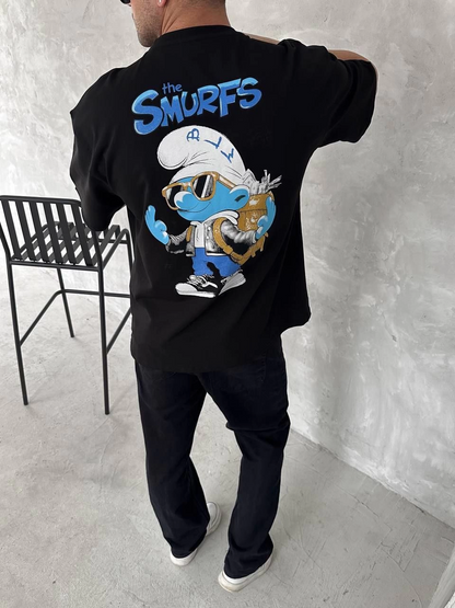 Ön ve Arka Baskılı Oversize Bisiklet Yaka T-shirt- Siyah -