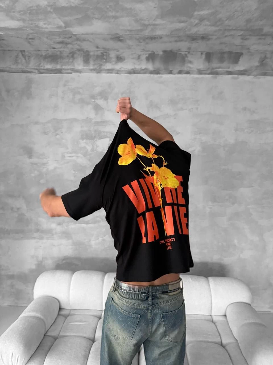 Ön ve Arka Baskılı Oversize Bisiklet Yaka T-shirt- Siyah -