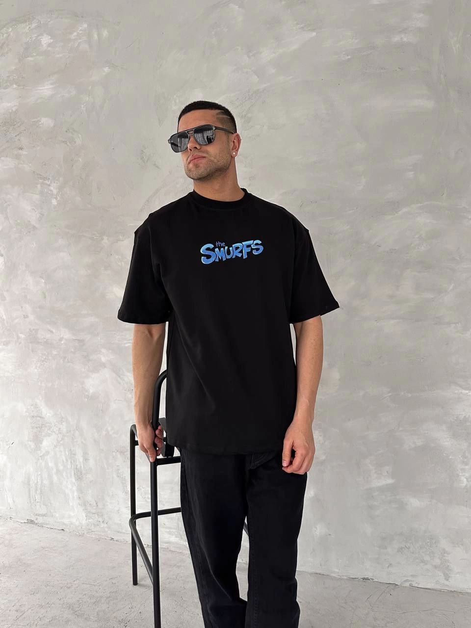Ön ve Arka Baskılı Oversize Bisiklet Yaka T-shirt- Siyah -