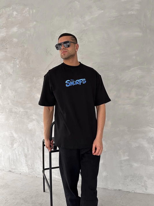 Ön ve Arka Baskılı Oversize Bisiklet Yaka T-shirt- Siyah -