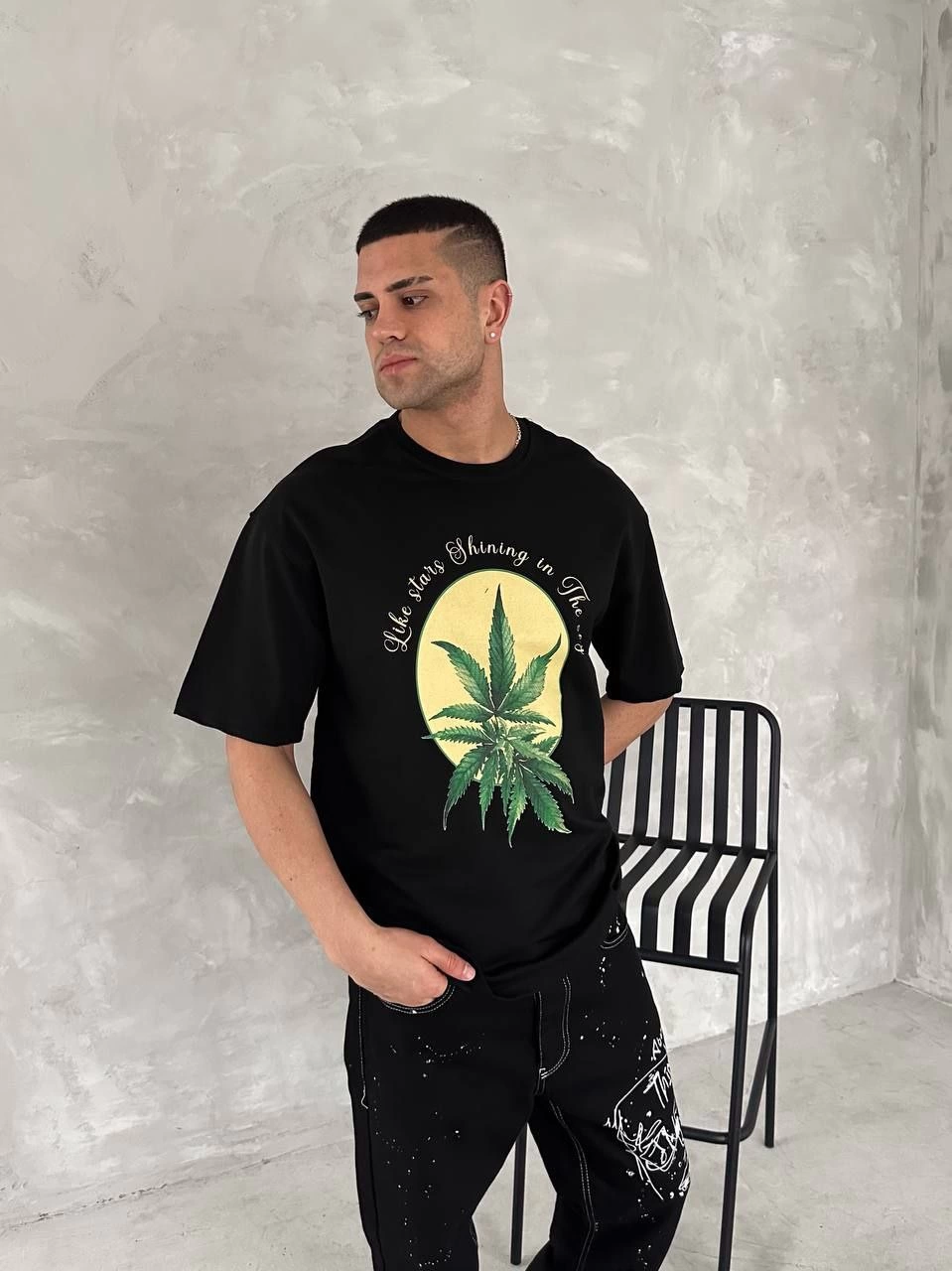 Ön ve Arka Baskılı Oversize Bisiklet Yaka T-shirt- Siyah -