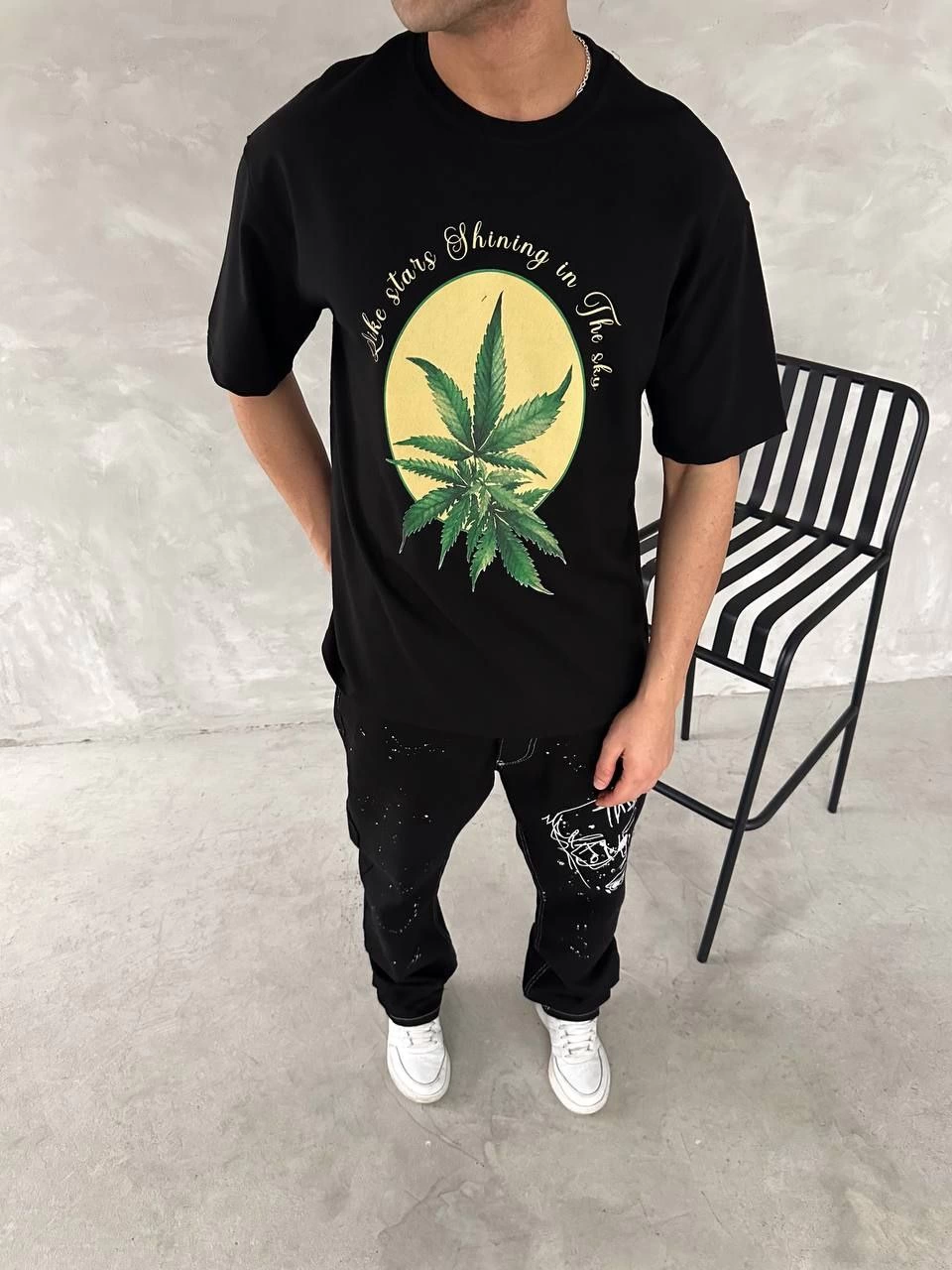 Ön ve Arka Baskılı Oversize Bisiklet Yaka T-shirt- Siyah -