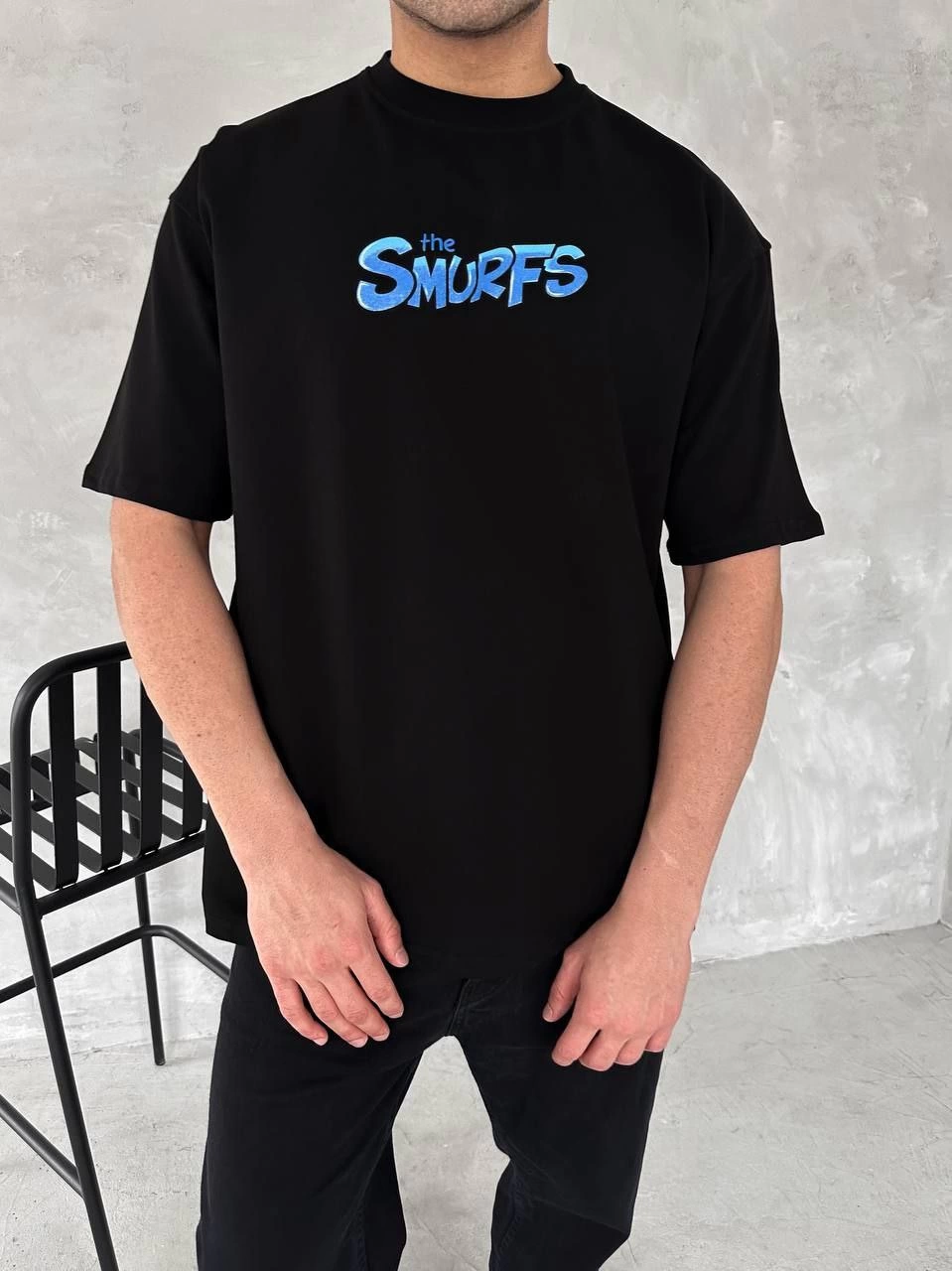 Ön ve Arka Baskılı Oversize Bisiklet Yaka T-shirt- Siyah -