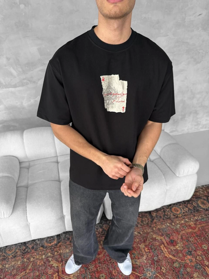 Ön ve Arka Baskılı Oversize Bisiklet Yaka T-shirt - Siyah -
