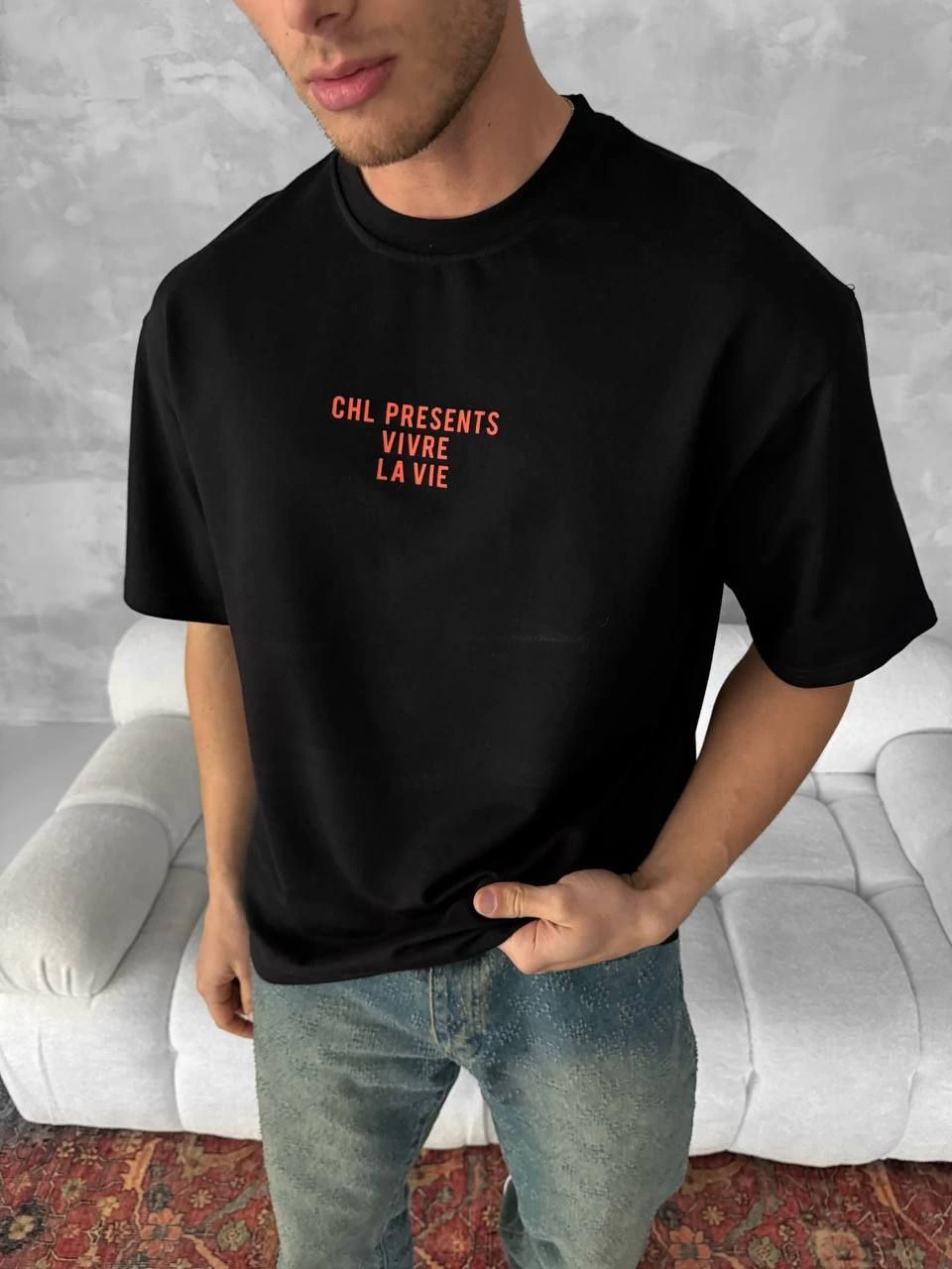 Ön ve Arka Baskılı Oversize Bisiklet Yaka T-shirt- Siyah -