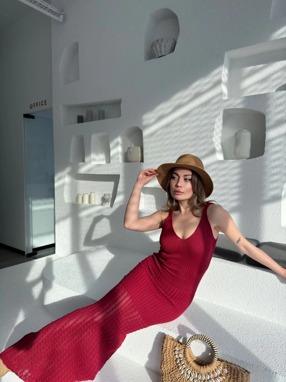 Örgülü Uzun Triko Elbise - Bordo -