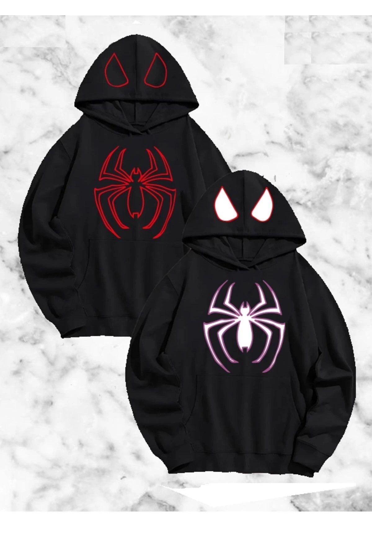 Örümcek Baskılı Sevgili Çift Kombini Kapüşonlu Sweatshirt  Hodie - Siyah -