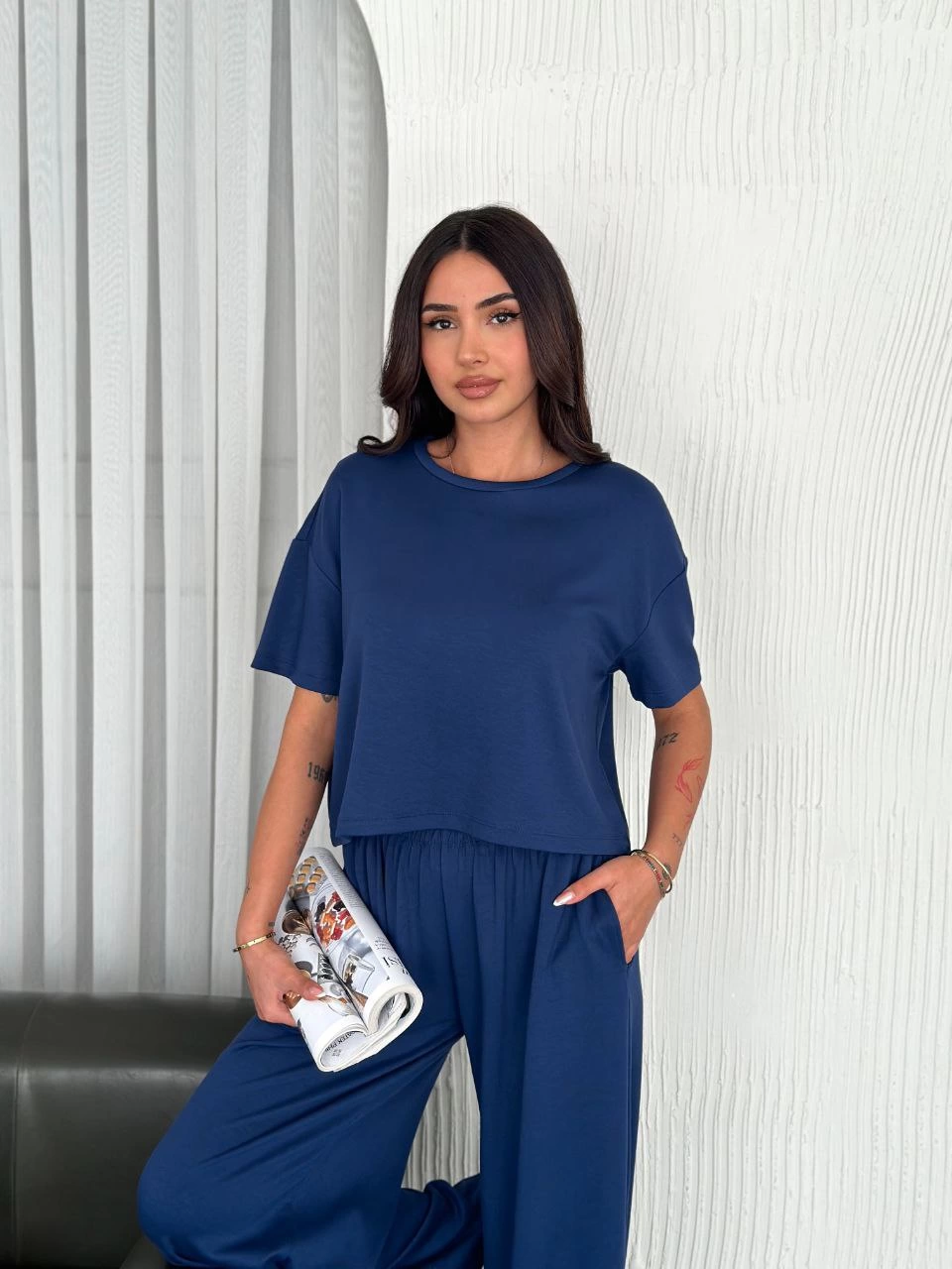 Osy Modal Yumuşak Dokulu Kumaş Bisiklet Yaka T-shirt Bol paça Pantalon ikili Takım -Saks Mavi -