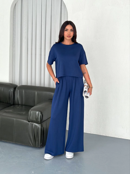 Osy Modal Yumuşak Dokulu Kumaş Bisiklet Yaka T-shirt Bol paça Pantalon ikili Takım -Saks Mavi -