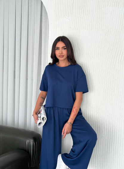 Osy Modal Yumuşak Dokulu Kumaş Bisiklet Yaka T-shirt Bol paça Pantalon ikili Takım -Saks Mavi -