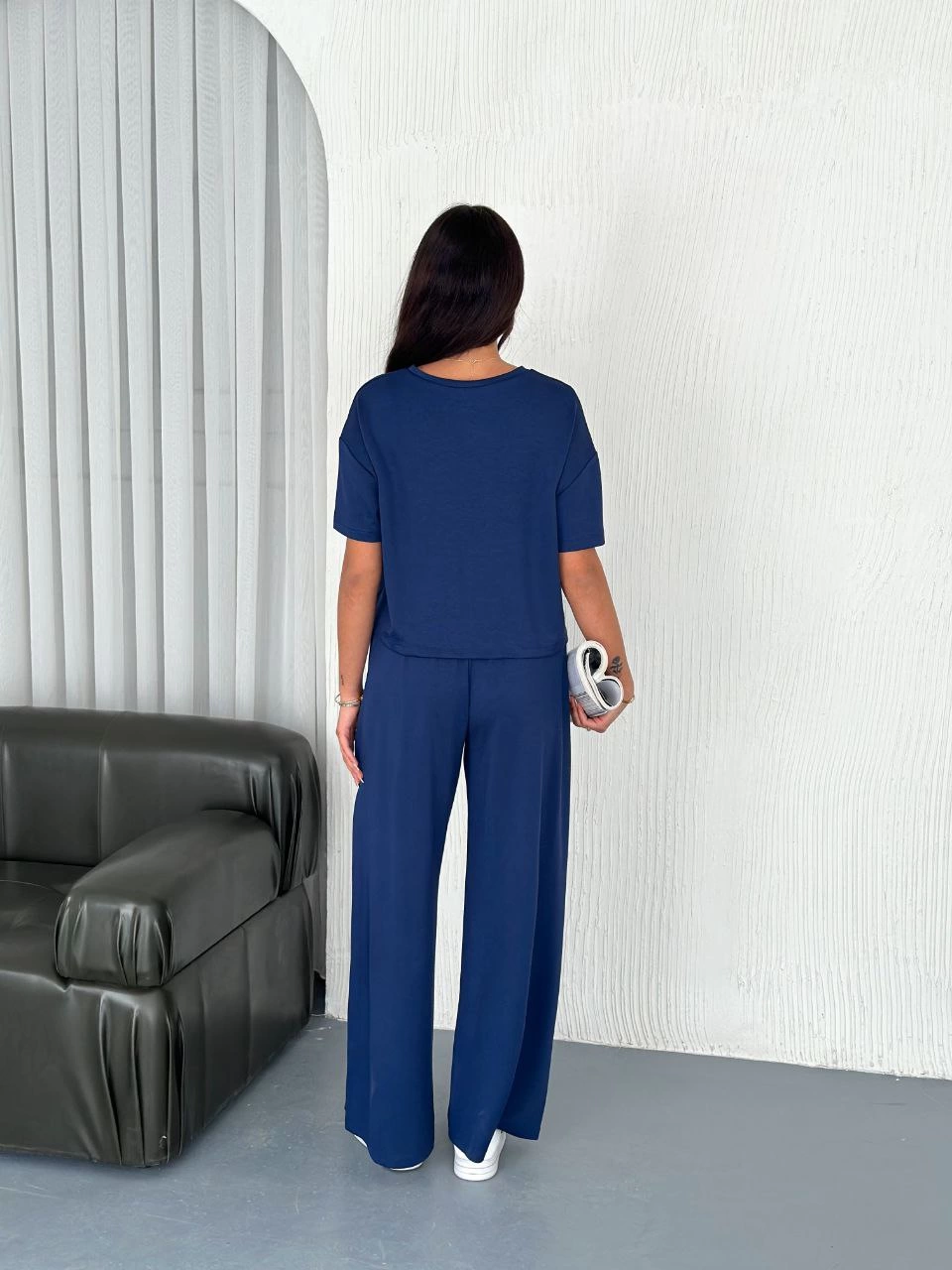 Osy Modal Yumuşak Dokulu Kumaş Bisiklet Yaka T-shirt Bol paça Pantalon ikili Takım -Saks Mavi -