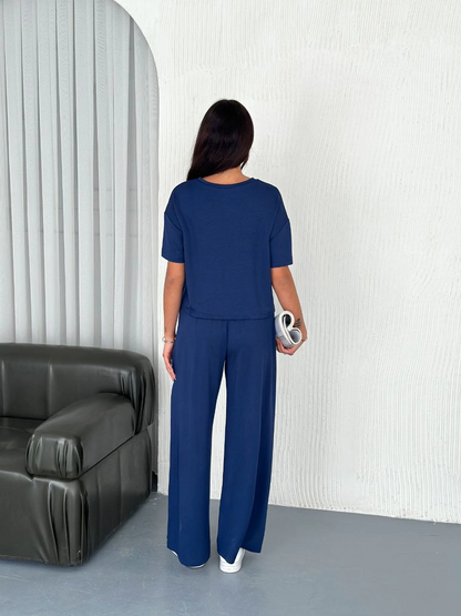 Osy Modal Yumuşak Dokulu Kumaş Bisiklet Yaka T-shirt Bol paça Pantalon ikili Takım -Saks Mavi -
