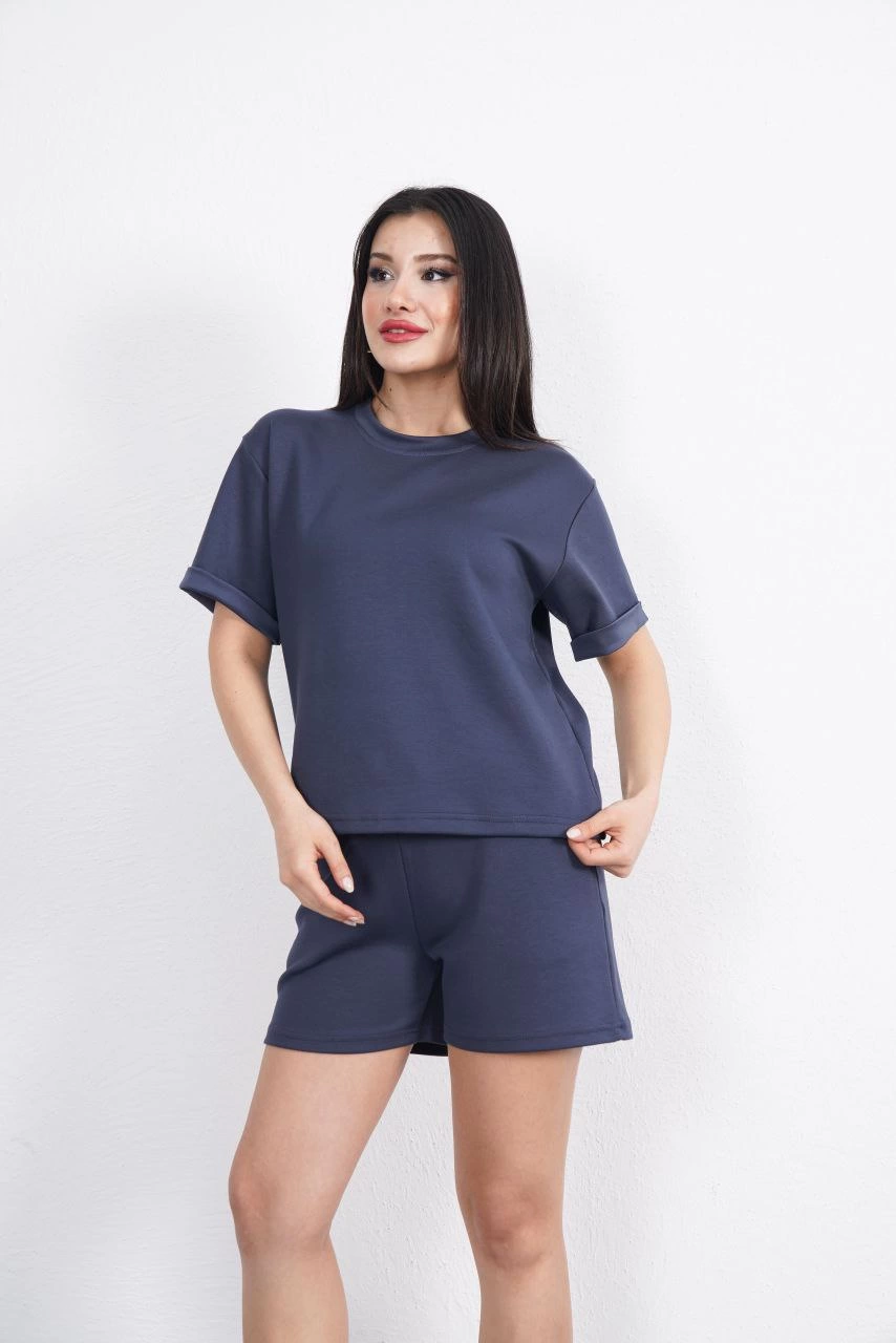 Osy Modal yumuşak dokulu Kumaş   Bisiklet Yaka T-shirt Kısa Şort İkili Takım - Antrasit -