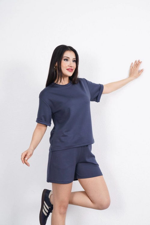 Osy Modal yumuşak dokulu Kumaş   Bisiklet Yaka T-shirt Kısa Şort İkili Takım - Antrasit -