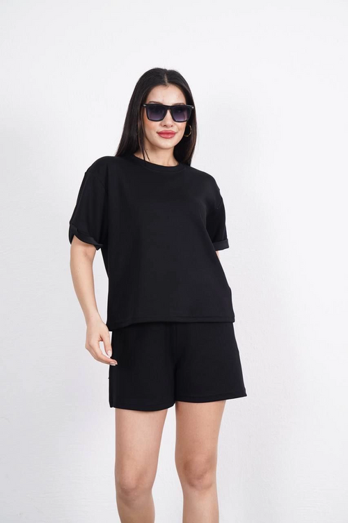 Osy Modal yumuşak dokulu Kumaş   Bisiklet Yaka T-shirt Kısa Şort İkili Takım - Siyah -